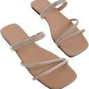 GORGLITTER Women's Rhinestone Flat Sandals Strappy Slip on Open Toe Slide Sandals (7.5, Brow)