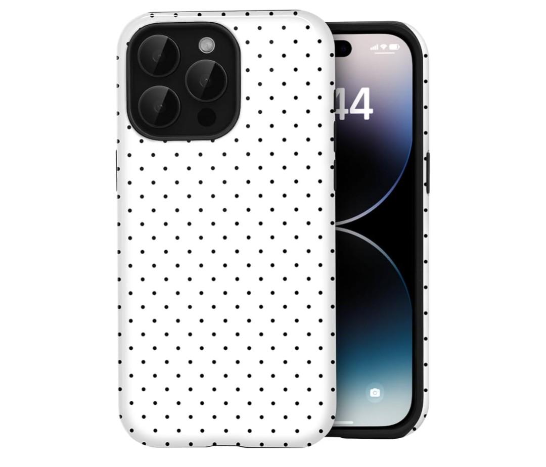 Compatible with iPhone 15 Pro Case Cute Polka Dot Aesthetic Retro Design for Women Girls Fall Simple Chic Girly Pretty Dual Layer Hybrid Protection Elegant Case for iPhone 15 Pro-White