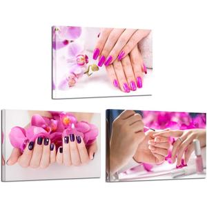 KREATIVE ARTS 3 Pieces Canvas Prints Purple Orchid Flowers Nail-Painting Wall Art Hands Spa Pictures Beauty Salon Manicure Posters Printed On Canvas for Nail Salon Walls Decor 16x24 inch x 3pcs