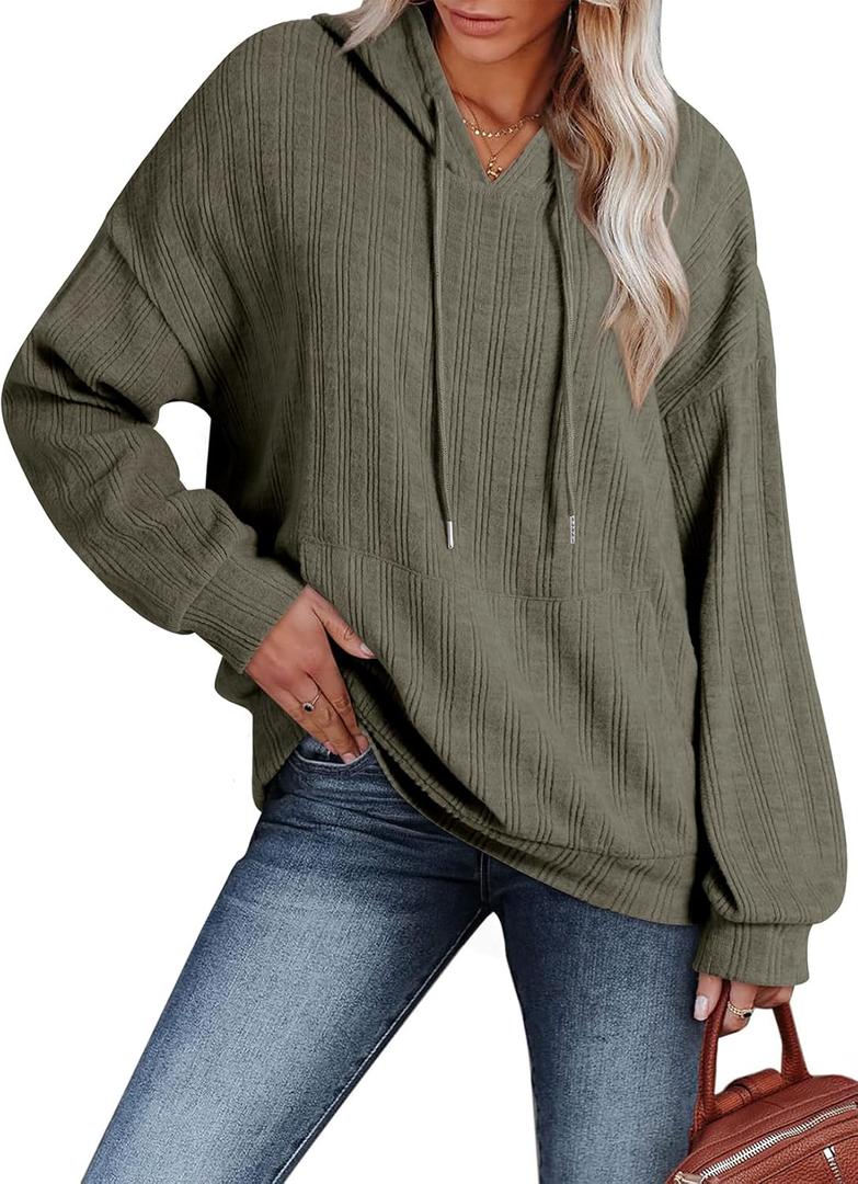 Dokotoo Hoodies for Women Casual Long Sleeve Textured Knit Loose Drawstring Hooded Sweatshirt with Pocket (Green)