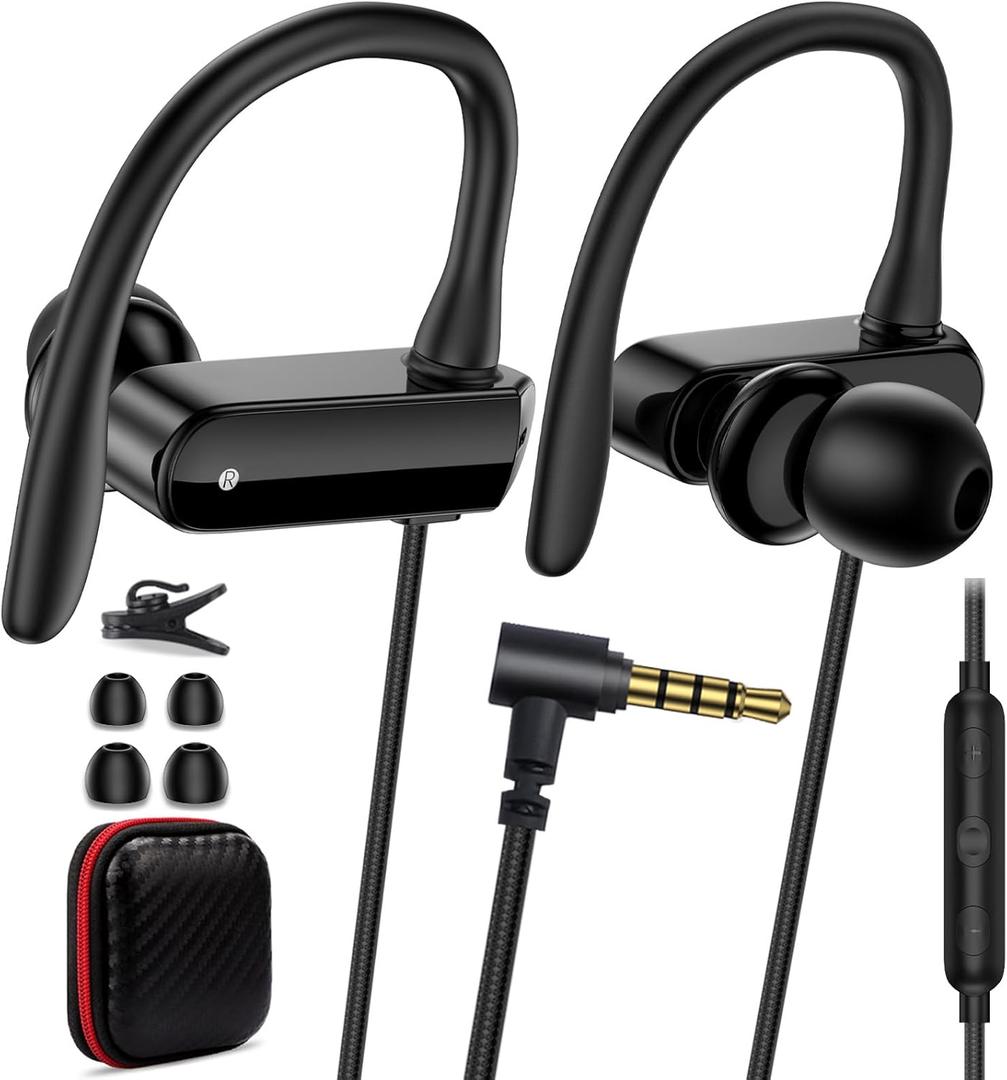 Wired Over Ear Earbuds with Microphone Ear Hook,3.5mm Sport Headphones 1.8M Long Wrap Around Ear Buds Wired for Chromebook Laptop iPad Plug in Headset for Kindle Fire Samsung A15 A14 MP3 School,Black
