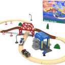 Wooden Train Set for Toddlers, 52Pcs Train Toy with Railway Track for Kids, Wooden Train Tracks Include Expansion Pack Compatible with Thomas, Brio, Chuggington