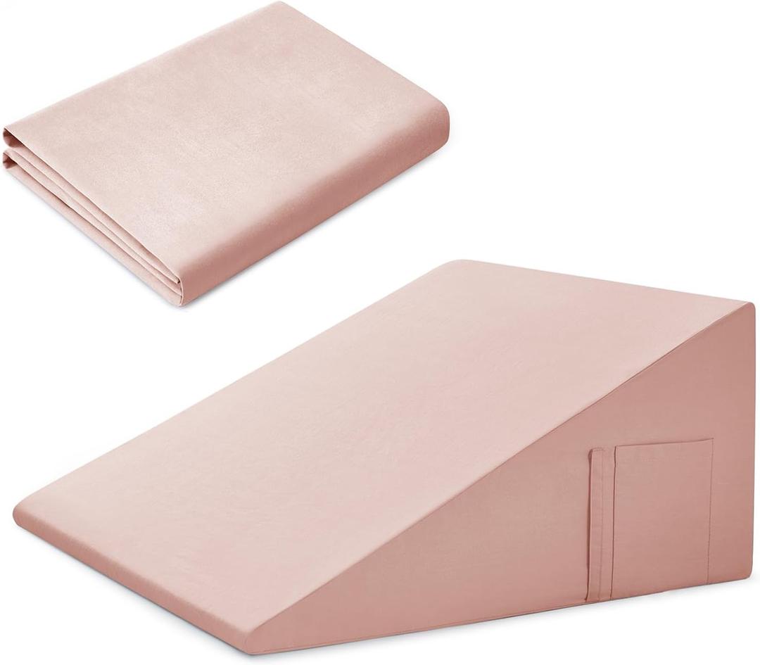 Cotton Wedge Pillow Cover for 24" x 24" x 12" Wedge Bed Pillow, Zippered Wedge Pillow Case Protector with Side Pocket, Dusty Pink (Pillow Not Included)