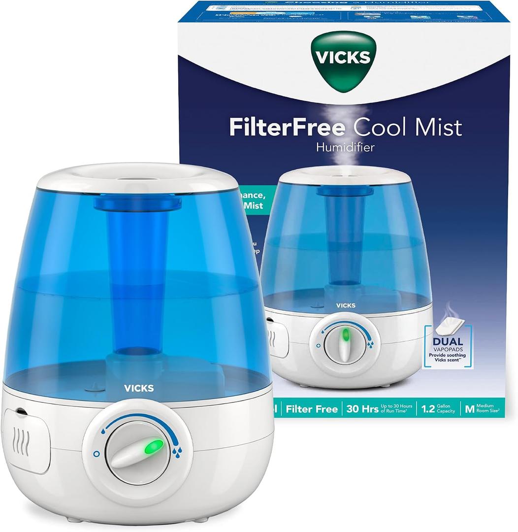 Vicks Filter-Free Ultrasonic Humidifier, Recommended by Pediatricians, 1.2 Gal Ultrasonic Cool Mist Humidifiers for Bedrooms & Kids Rooms, Works with Vicks VapoPads