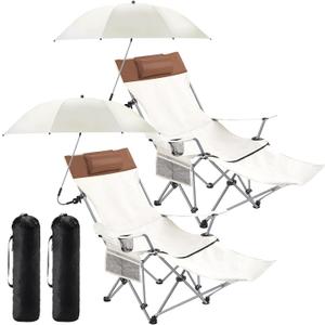 Yuntau 2 Set Reclining Beach Chairs with UPF 50+ Umbrellas, Upgraded Heavy Duty Portable Folding Lounge Camping Chair with Removable Footrest & Headrest for Outdoor Fishing Patio(White)