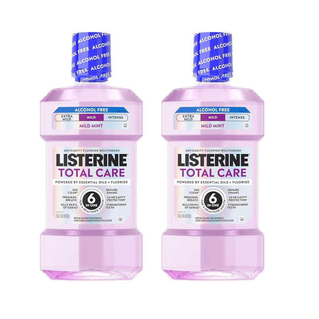 Listerine Total Care AlcoholFree Mild Mouthwash, 6 Benefit Oral Rinse to Help Kill 99.9% of Germs That Cause Bad Breath, Strengthen Enamel, Mild Mint Flavor, Twin Convenience Pack, 2 x 1 L