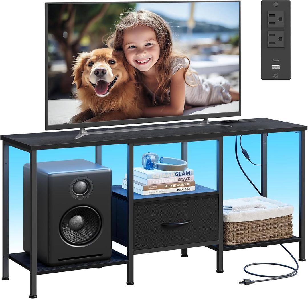 SONGMICS BELLAH Collection - TV Stand for TVs Up to 55 Inches, Media Console Table and Entertainment Center Unit for Living Room, with Shelves and Drawer, Steel, Modern, Ink Black ULGS031B101S