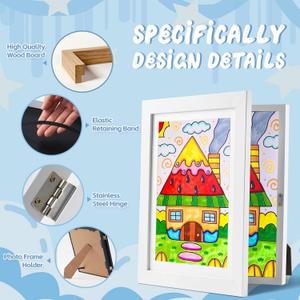 1 Pack White Kids Art Frame, 8.3x11.7 hold A4 paper Front Opening Wood Kid Artwork Frames, Wall-mounted Standing Children Art Frame with Mat, Drawing Display Storage (8.3x11.7"A4, White)