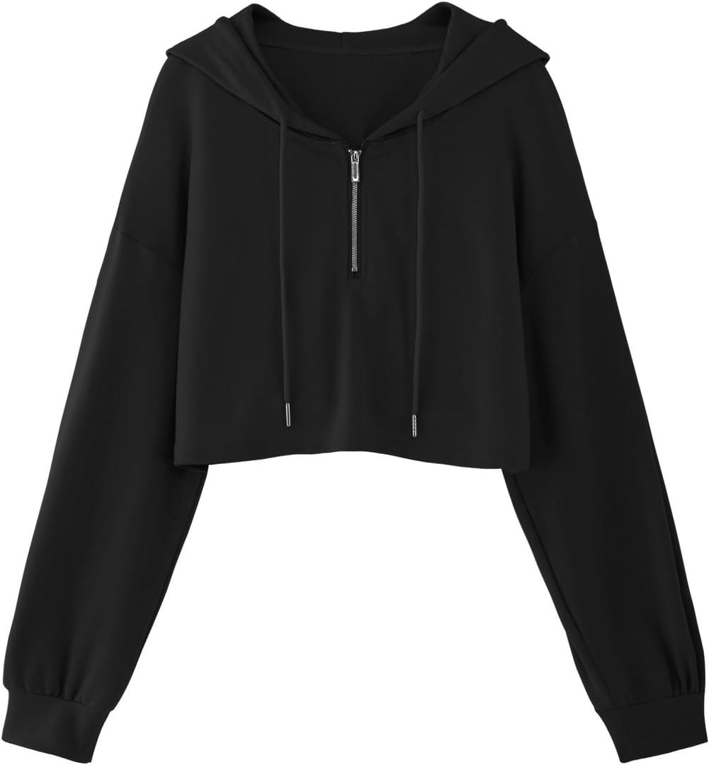 Hilinker Womens Casual Cropped Hoodies Half Zip Sweatshirt Long Sleeve Pullover Tops Black Small