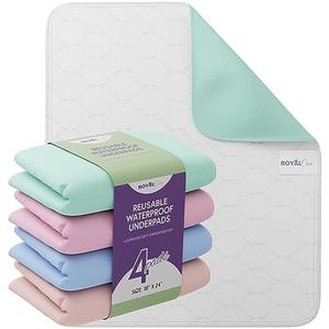 Incontinence Bed Pads - Pack of 4, 18” x 24” Reusable Waterproof Mattress Protectors - Highly Absorbent, Machine Washable - for Children, Pets and Seniors - Assorted Colors - Royal Care