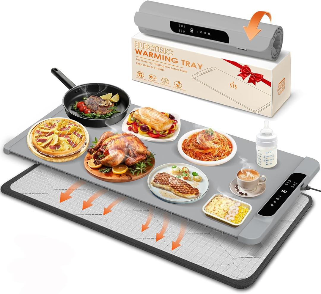 Warming Mat for Food with Heat Resistant Pad, 36"x16" Food Warmer Mat for Countertop Food Warmer Custom Temperature Settings 10H Timer Portable Heating Pad for Parties Buffets Holiday Home Use (Gray)