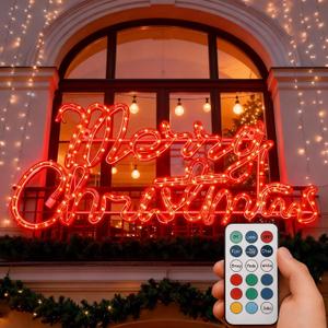 Outdoor Lighted Merry Christmas Sign Decor with Remove Control 31" Extra Large Red Waterproof LED Neon Lights Color Changing Pre Lit Display Xmas Garden Yard Window Wall Store Holiday Decor