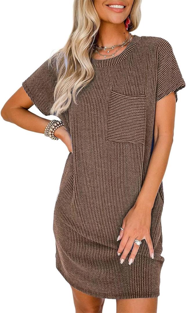 Acelitt Womens Casual Summer Short Sleeve Ribbed Mini Tshirt Dress (M, 6 Brown)