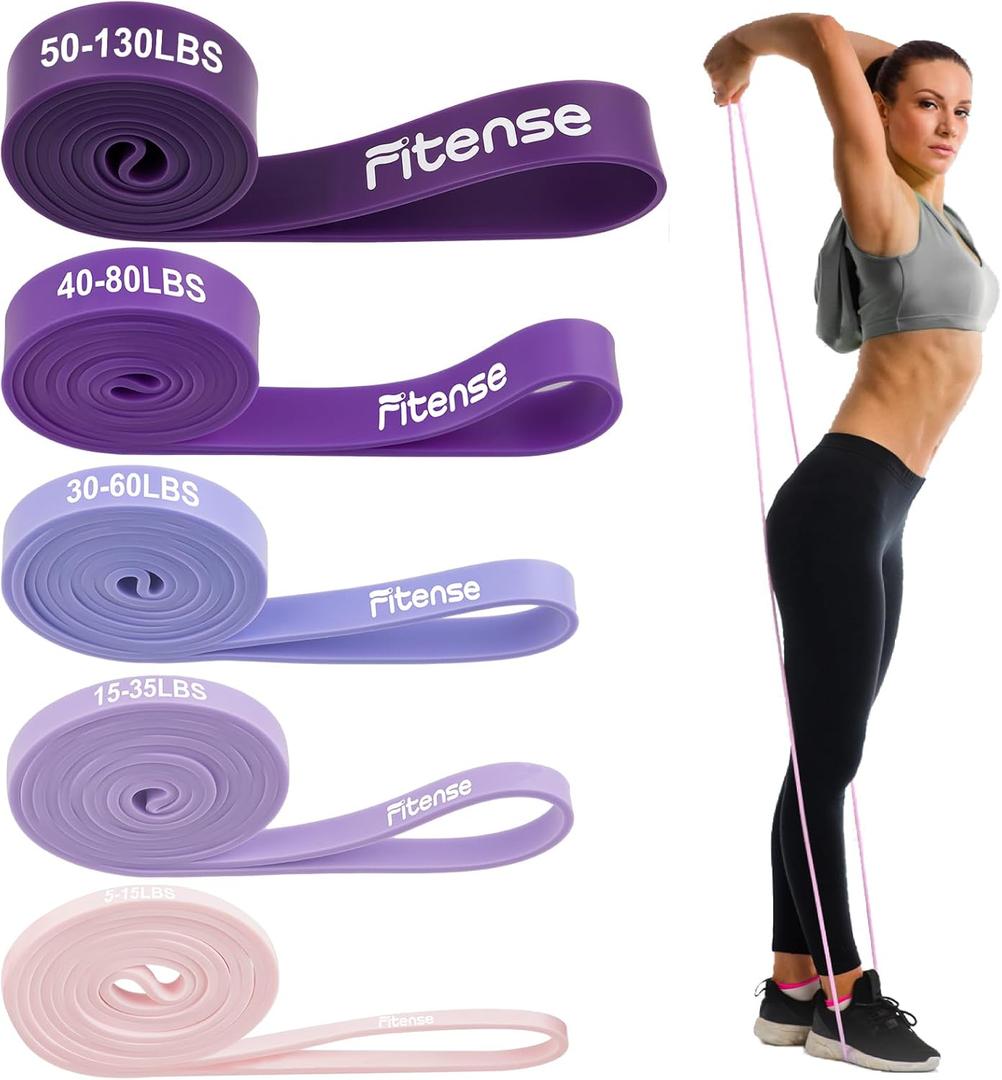 Fitense Resistance Bands Set - Pull Up Bands for Men Women, Exercise Bands Resistance with Door Anchor, Training Poster & Pouch for Body Stretching, Pull Up Assist ((5-130LBS) - Gradient Purple)