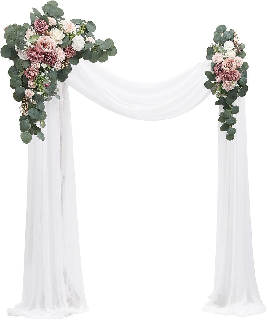 Floroom Arch Flowers with Drapes Kit (Pack of 4) - 2 pcs Artificial Dusty Rose & Blush Floral Swag Arrangement with 2 pcs Draping Fabric for Wedding Ceremony Arbor and Reception Backdrop Decoration