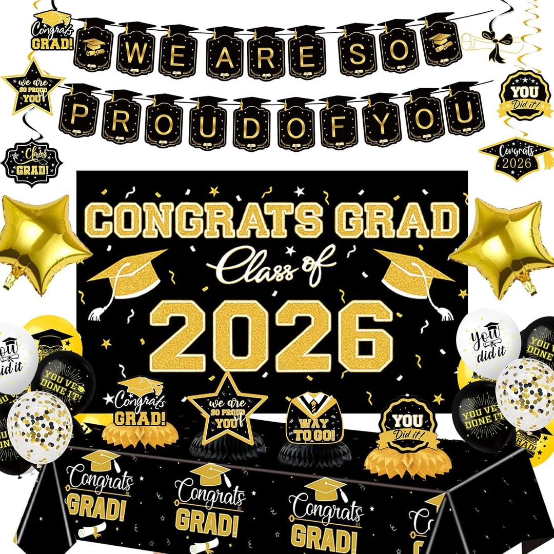 Graduation Decorations 2026 Themed Set - All-in-One Party Supplies with Backdrop & Tablecloth, Congrats Grad Banner for High School College Class of 2026 Decor
