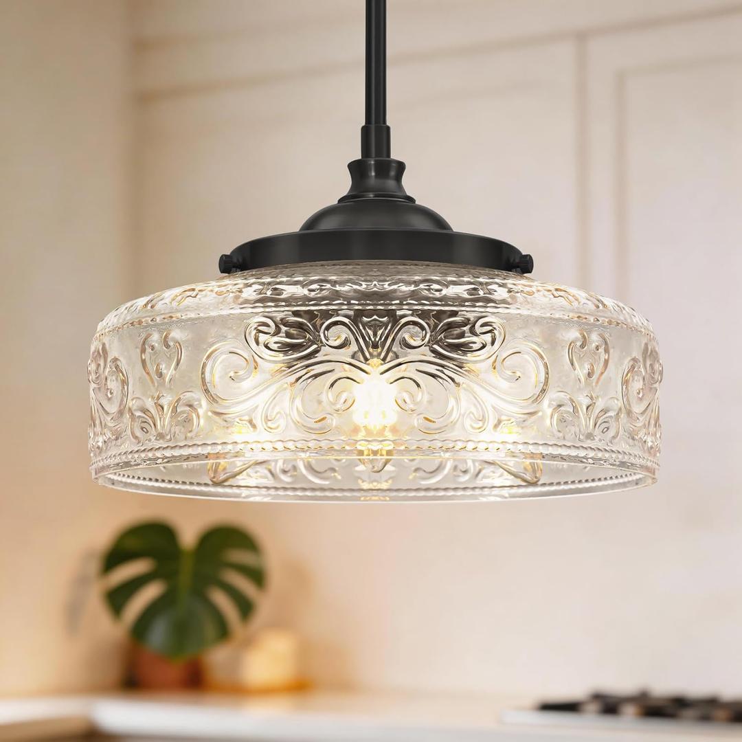 Black 3-Light Pendant Light with 12in Glass Shade, Farmhouse Pendant Lights Kitchen Island, Adjustable Hight & Angle Bathroom Pendant Ceiling Hanging Light Fixtures for Home Bedroom Hallway, 3*E12