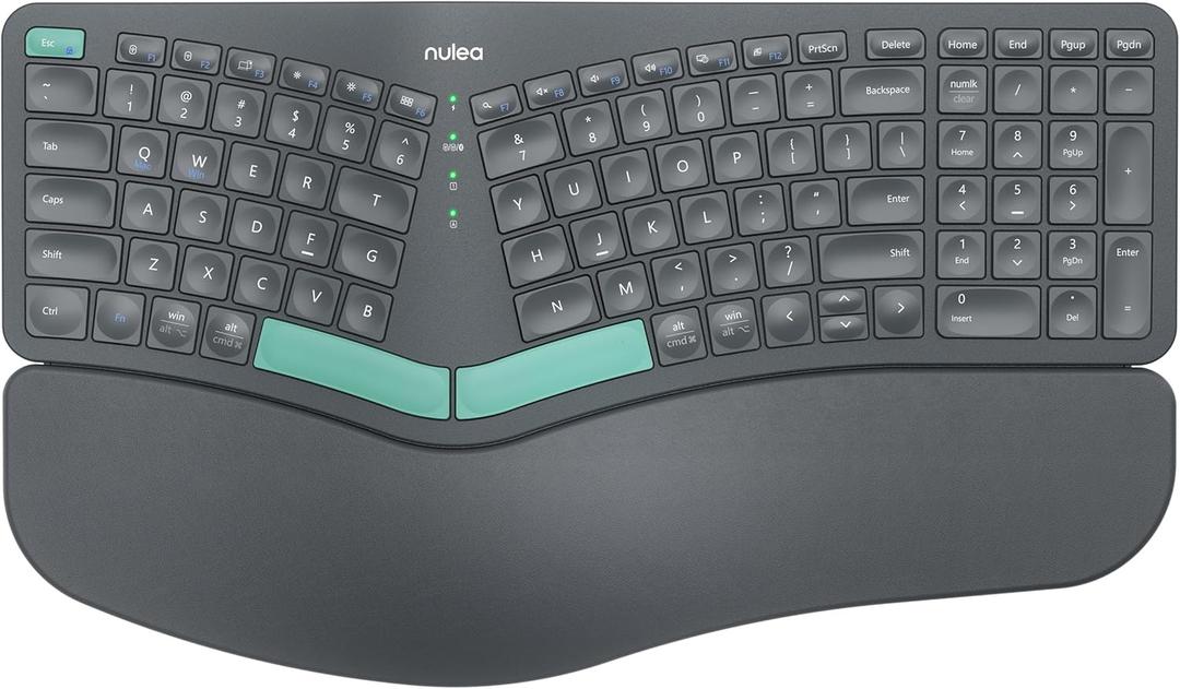 Nulea Wireless Ergonomic Keyboard, Split Keyboard with Cushioned Wrist Rest, Bluetooth and USB Connectivity, USB-C Rechargeable, Compatible with Windows Mac Nulea Wireless Ergonomic Keyboard, Split Keyboard with Cushioned Wrist Rest, Bluetooth and USB Connectivity, USB-C Rechargeable, Compatible with Windows Mac