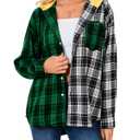 Womens Button Down Shirt Plus Size Blouse Shirts Tartan Plaid Color Block Casual Oversized Boyfriend Hooded Outwear Green (Green, XL)