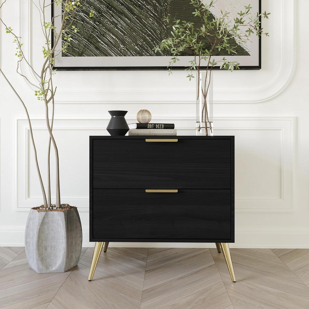 Modern Glam 2-Drawer Wooden Nightstand with Gold Metal Legs, Black, 14.7"D x 21.7"W x 21.9"H