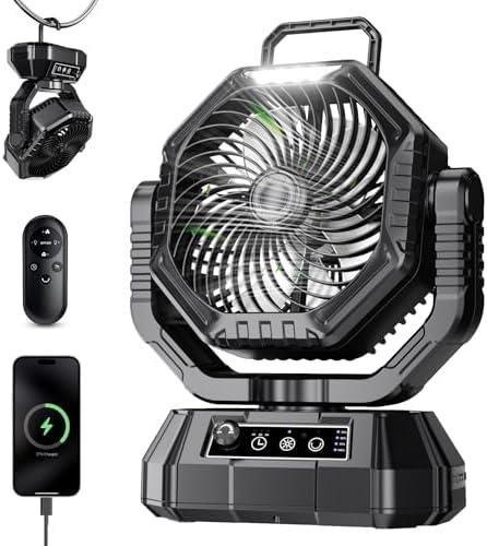 Portable Fan Rechargeable, 20000mAh Battery Powered Fan, LED Light, Remote Controller, Dual-Blade, 90°/270° Swing, 1-3H Timer, Battery Operated fan For Travel Tent Camping Bedroom Office Beach Fishing