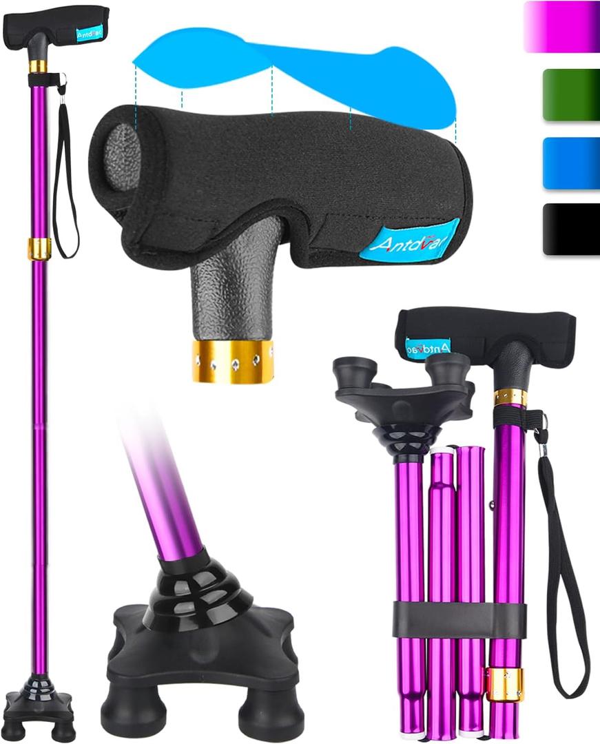 Quad Canes for Women, Folding Walking Cane for Stability Suitable for 5.4FT-6.3FT, Adjustable Self Standing Cane with Pad for Men and Seniors Balance