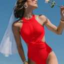 OQQ Women's One Piece Swimsuits Tummy Control High Waisted Cross Bathing Suit Wrap Tie Back 1 Piece Swimwear Large, Red