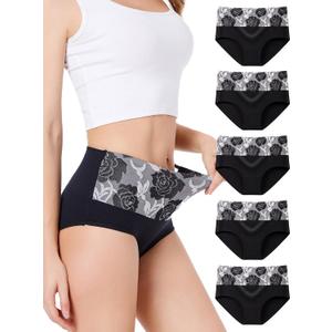 HAVVIS Women's Briefs Underwear Cotton High Waist Tummy Control Panties Rose Jacquard Ladies Panty Multipack (Brief 04-5 Pack - Black, Medium)