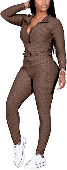 Jogging Suits for Women, Textured 2 Piece Outfit Long Sleeve Full Zip Jacket Skinny Pants Tracksuit Set, Size L