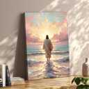 Pink Jesus Walking On Water Canvas Wall Art Christian Bible Paintings Prints Religious Spiritual Faith Wall Decor Religious Savior Posters Pictures for Living Prayer Church Bedroom Framed, 24"L x 16"W