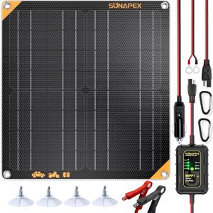 SUNAPEX 12V 20 Watt Solar Trickle Charger Maintainer with MPPT Controller - Portable Waterproof Solar Powered Battery Charger - Solar Panel Kit for Car Rv Trailer Truck Boat Automotive Marine (Black)