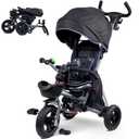 RIDYEE 7-in-1 Folding Toddler Tricycle for 18 Months to 5 Years, Tricycle Stroller with Dual Brakes, All-Terrian Rubber Tire, Tricycle for Toddlers with Rotatable Seat, Adjustable Push Handle, Grey