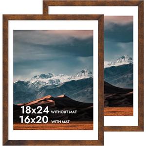iRahmen 18x24 Poster Frame with 16x20 Mat - Plexiglass Wooden Picture Frames for Photo Wall Gallery Mounting (Dark Brown, Set of 2)