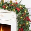 Christmas Garland with Lights, 6 FT Christmas Garland for Mantle, Faux Norfolk Pine Garland with Lifelike Pinecones Berries for Mantle Table Indoor Outdoor Stairs Railing Christmas Decor (1 Pack)