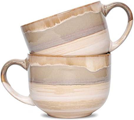 Bosmarlin Large Ceramic Coffee Mug Set of 2, Stoneware Jumbo Latte Mugs for Office and Home, 16 Oz, Dishwasher and Microwave Safe(Brown Grey, 2)