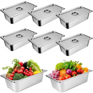 8 Packs Stainless Steel Hotel Pans with Lids 1/4 Size x 6" Deep Steam Table Pan Commercial Food Storage Containers Stackable Metal Steamer Pan Anti-Jam Hotel Restaurant Warm Pans