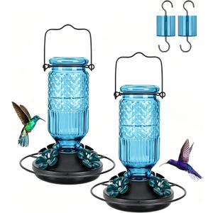 FEED GARDEN Glass Hummingbird Feeder for Outdoors Hanging, 16 OZ Humming Bird Feeders with 4 Bee Guard Feeding Ports & Built-in Ant Moat, Hummingbird Gifts for Mom Bird Feeder for Outside, Blue,2 Pack