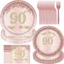 90th birthday decorations for women, Rose Gold Plates Rose Gold Birthday Decorations 96pcs Pink Paper Plates and Napkins for Girls Women 90th Birthday Party Supplies Serve 24 Guests