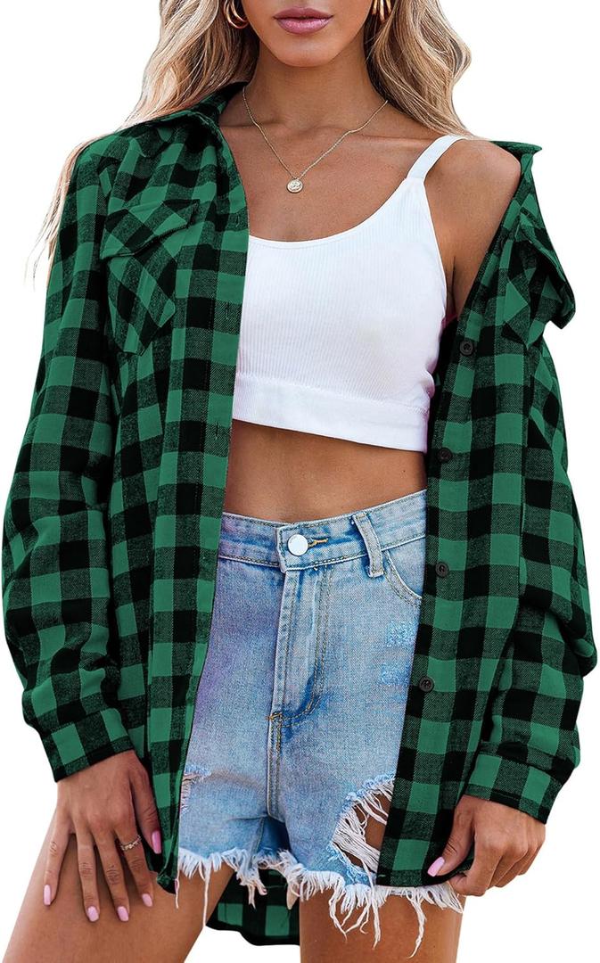 Zeagoo Womens Plaid Shirt Flannel Shirt Roll up Sleeve Top Casual Button Down Blouse (3X-Large, 1-green)