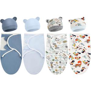 Buryeah 4 Pack Preemie Swaddle Blanket Wrap Set with Hat for Baby Boys Girls 3-7 Lbs Preemie Newborn Clothes Sleepers Cap (Blue)
