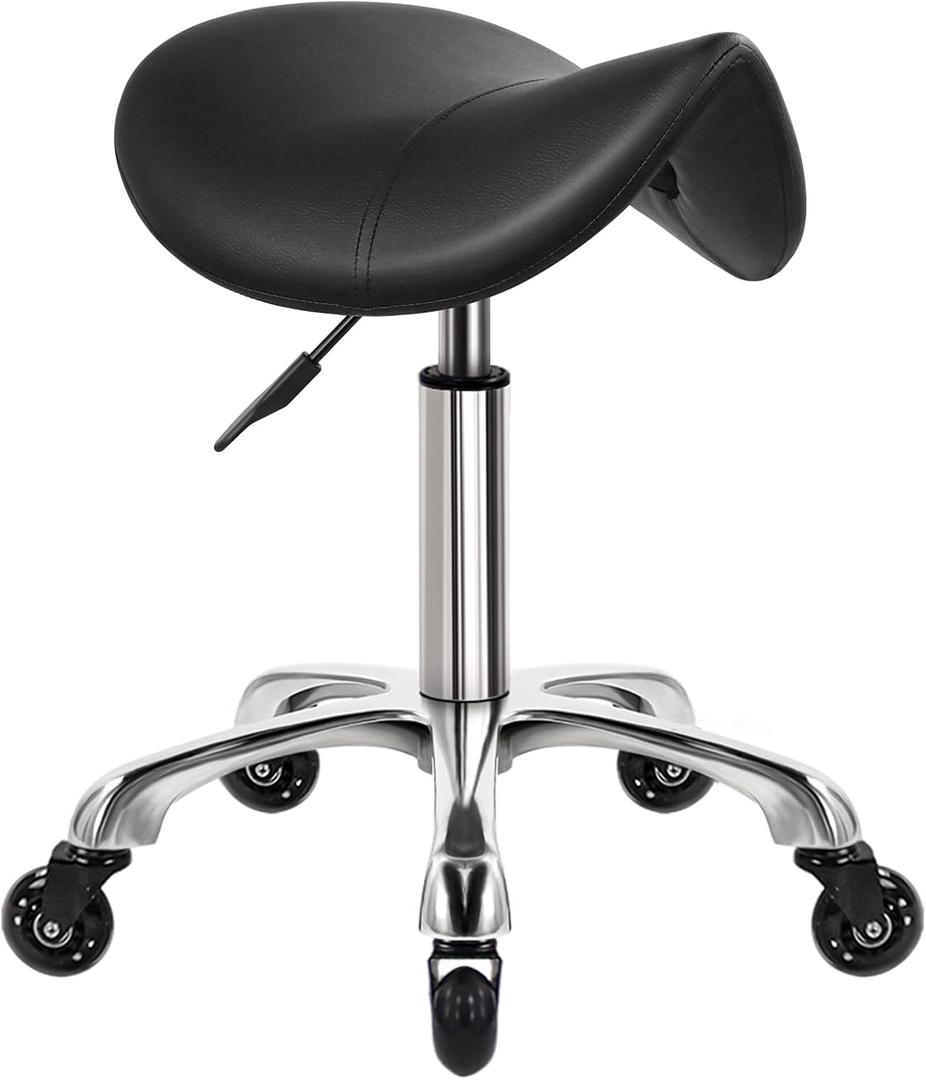 WKWKER Heavy Duty Saddle Rolling Stool with Wheels Hydraulic Swivel Adjustable Rolling Stool Ergonomic Thick Leather Seat Chair for Kitchen Drafting Lab Office Salon Massage – Black