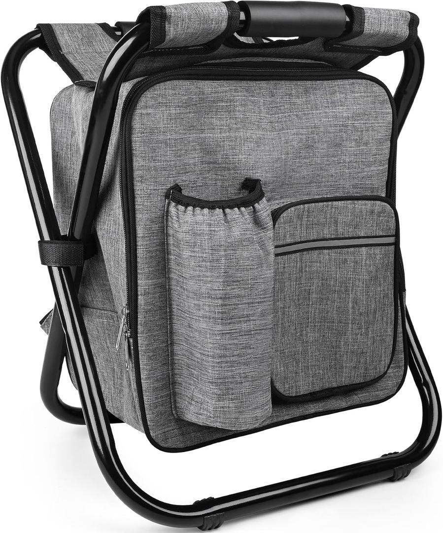 Kikerike Backpack Stool Cooler Chair Heavy Duty 300 LBS Max Load Portable Lightweight Stool Backpack Folding Fishing Cooler Seat for Camping Hunting Fishing - Gray