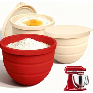 Silicone Bowl Insert for Kitchen Aid 5 Qt Tilt-Head - Patented Design Bowl Liner, 3pack with Lids, Resistant to collapse Thicker Bowl Insert, Foldable, Heat/Cold Resistant (Red*Beige*Beige)