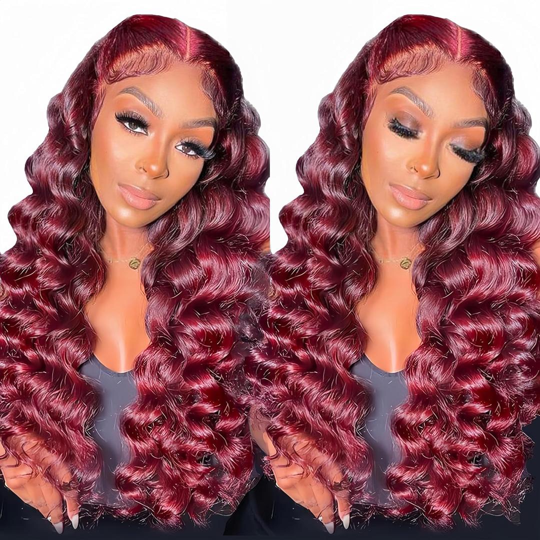 NKTU 100% Human Hair Deep Wave Burgundy 99J Lace Front Wig 13x4 HD Transparent Lace Glueless Pre Plucked Natural Hairline 180 Density 28 Inch for Black Women