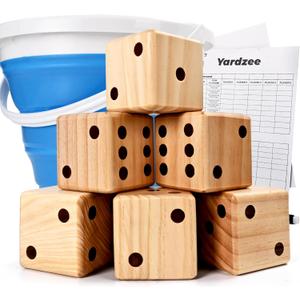 ropoda 3.5" Giant Wooden Yard Dice Set for Outdoor Fun, Barbeque, Party Events, Backyard Games, Lawn Games Includes 6 Dice, Collapsible Bucket, Score Cards & Dry Erase Marker