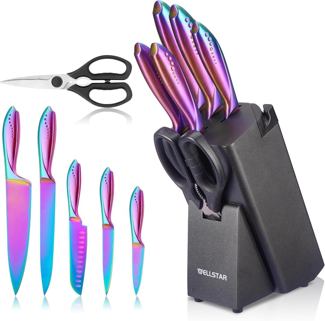 WELLSTAR Rainbow Knife Set 8 Pieces, Iridescent German Stainless Steel Kitchen Knives Set with Wooden Block, Colorful Titanium Coating, Chefs Knife Block Set with Scissors and Built-in Sharpener