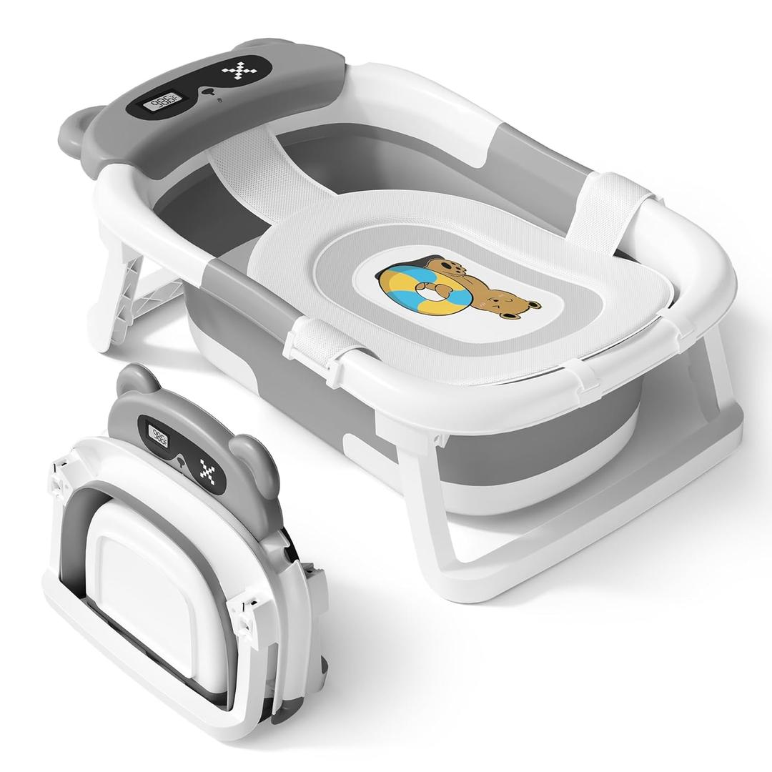 AVIDOR Baby Bathtub, Collapsible Bathtub for Newborn to Toddler, Durable Essential Infant Bath Tub, Portable Travel Baby Tub with Soft Cushion, No-Slip Hanging and Detachable (Grey)