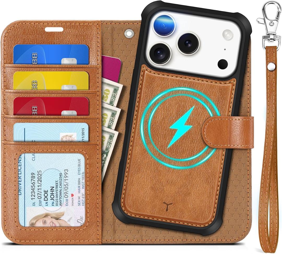 TUCCH Detachable Case Wallet for iPhone 17 Pro (6.3") 2025, Wrist Strap | 4 Card Slots RFID Blocking | Wireless Charging | Stand | 2-in-1 Magnetic | PU Leather | Shockproof Folio Cover | Light Brown