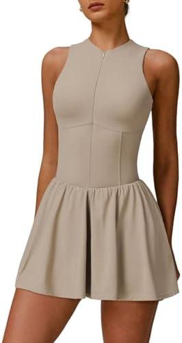 QBGJTD Womens Tennis Golf Dress with Built-in Bra Shorts Zipper Slim Fit A-line Hem Skirt Athletic Dresses with Pockets, S