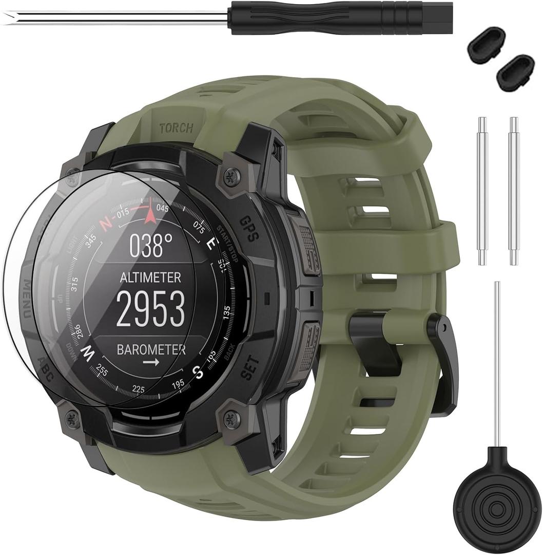 Band Compatible with Garmin Instinct 3 45mm/50mm, Soft Silicone Replacement Watch Band 20/22/26mm Width Strap and 2 Pack Screen Protectors for Instinct E 40MM 45MM Smart Watch for Women Men